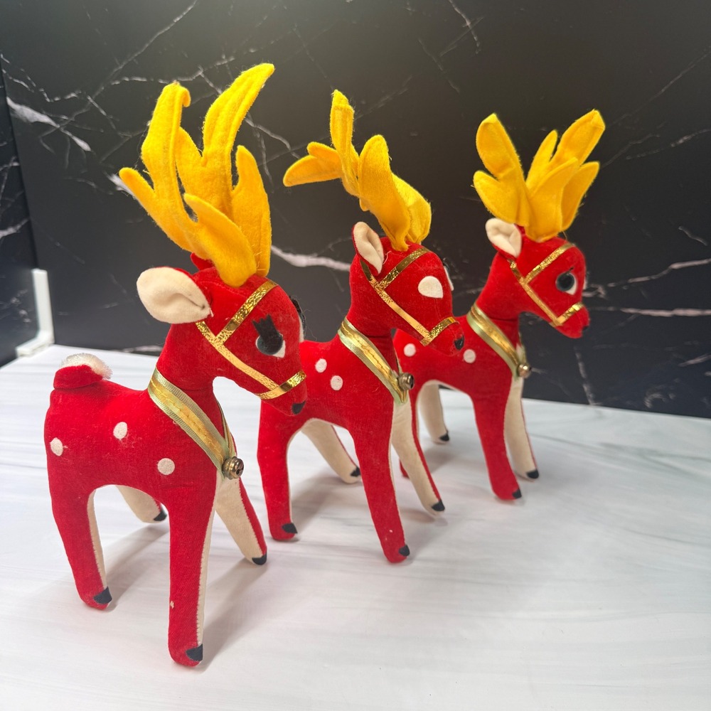 Vintage Dream Pets R Dakin Red Velvet Reindeer Christmas Decor Set of 3 Japan